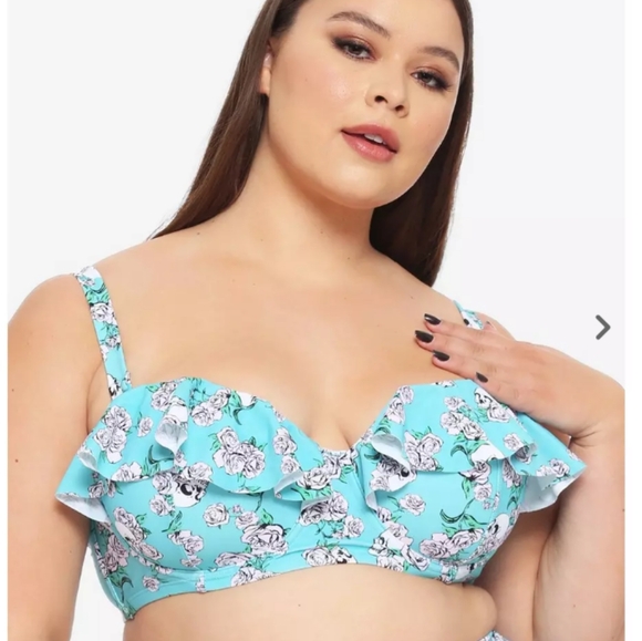 Hot Topic Turquoise Skull and Roses Ruffle Bandeau Swim Top - Picture 1 of 10